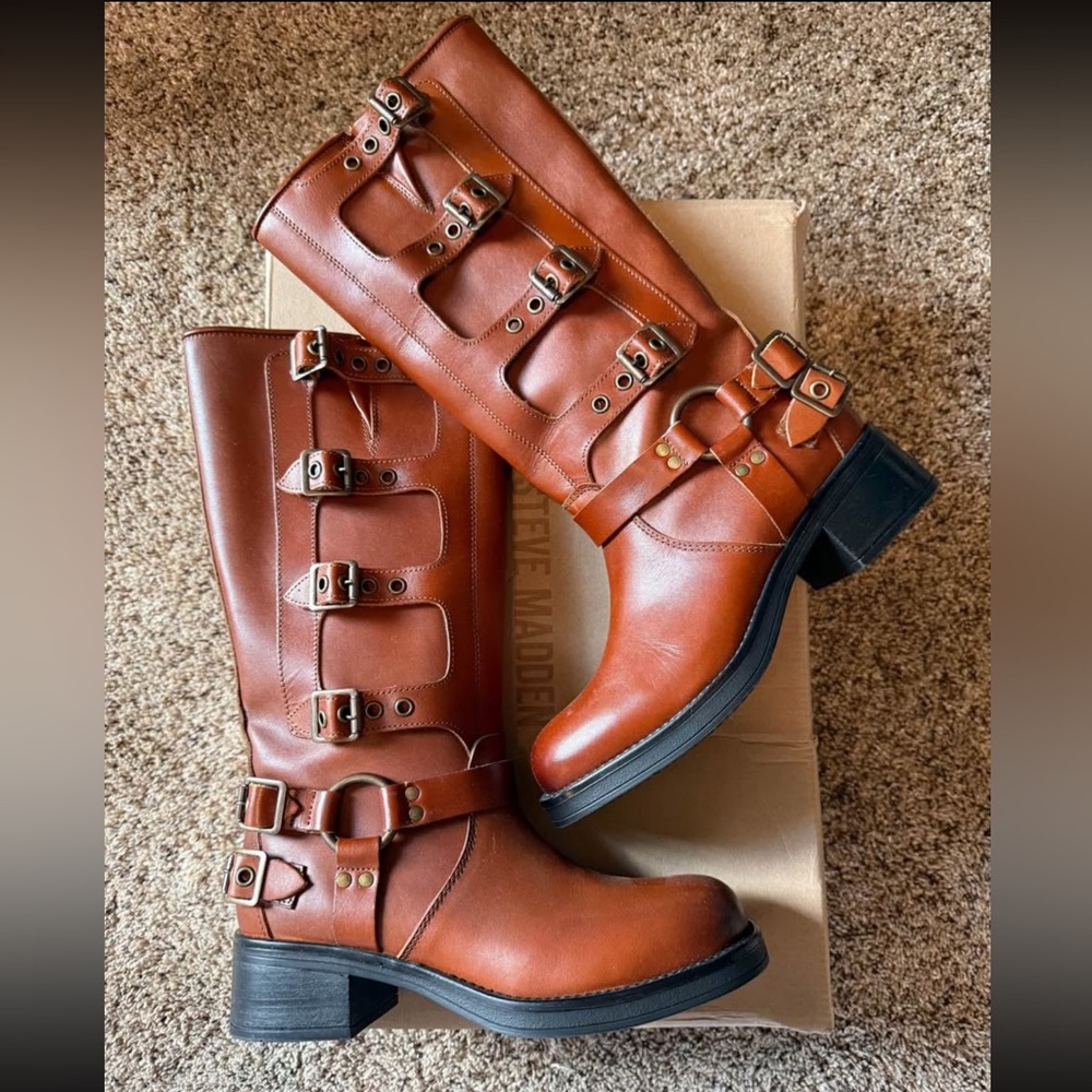 Steve Madden Cognac Leather Moto Boots